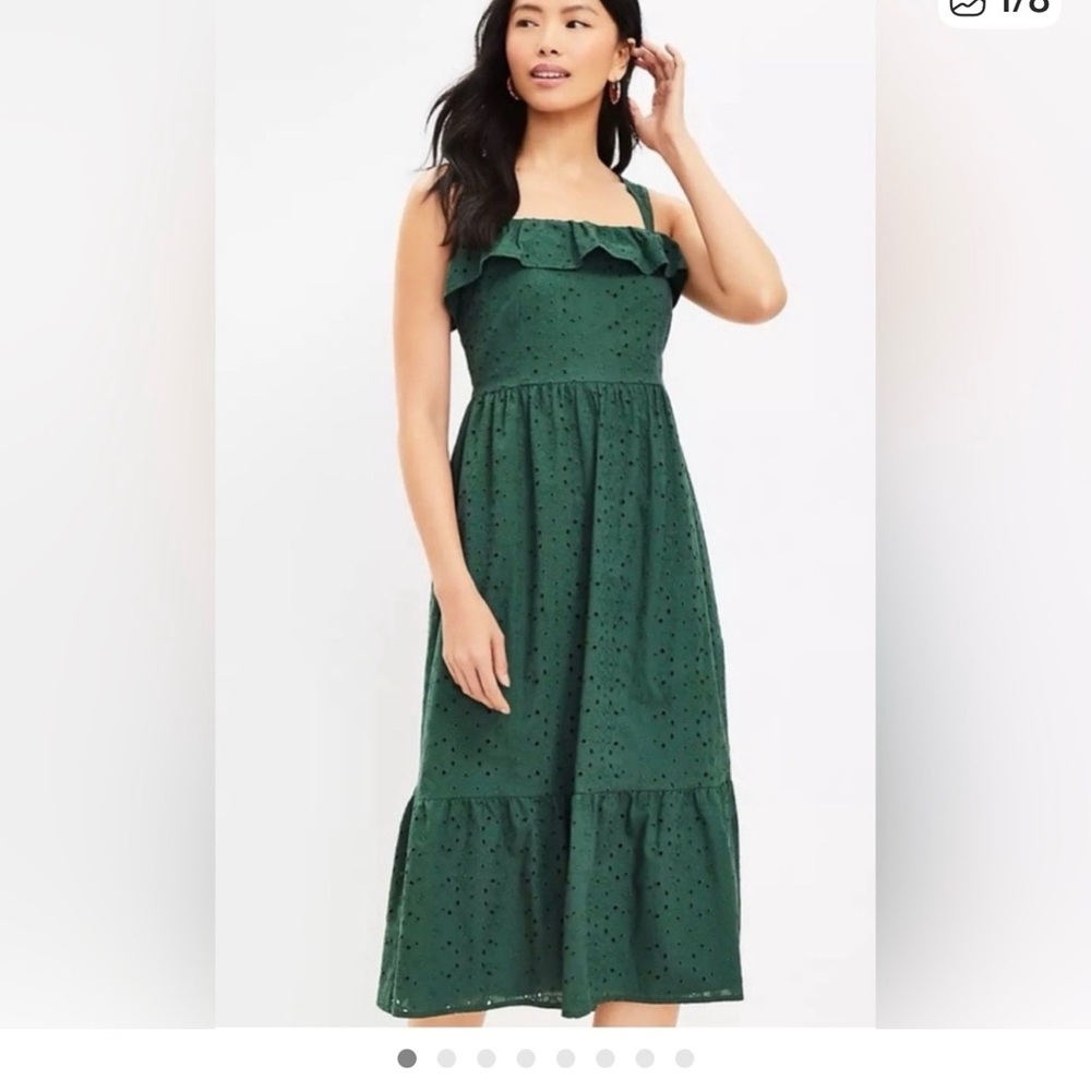 LOFT Dark Green Eyelet Ruffle Midi Dress
